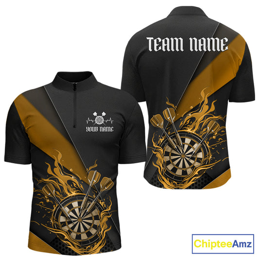 Custom Black And Yellow Flame Dartboard Darts Team Men Quarter-Zip Shirts, Darts Jerseys IPHW10375