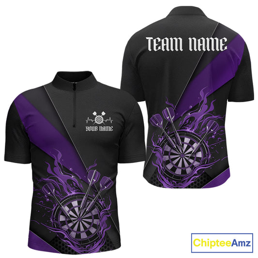 Custom Black And Purple Flame Dartboard Darts Team Men Quarter-Zip Shirts, Darts Jerseys IPHW10376