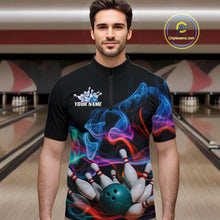 Load image into Gallery viewer, Custom Colorful Smoke Bowling Men Quarter-Zip Shirts, Bowling League Shirt Bowlers Outfit IPHW9018