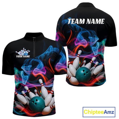 Custom Colorful Smoke Bowling Men Quarter-Zip Shirts, Bowling League Shirt Bowlers Outfit IPHW9018