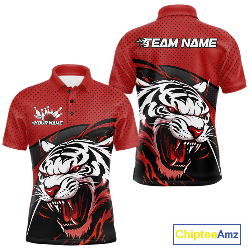 Custom Black And Red Tiger Bowling Team Polo Shirts For Men, Bowling League Shirt IPHW9019