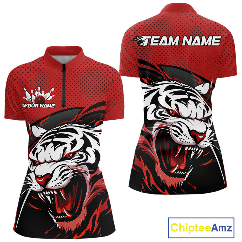 Custom Black And Red Tiger Bowling Team Quarter-Zip Shirt For Women, Bowling League Shirt IPHW9019