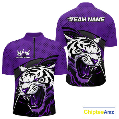Custom Black And Purple Tiger Bowling Team Quarter-Zip Shirts For Men, Bowling League Shirt IPHW9020
