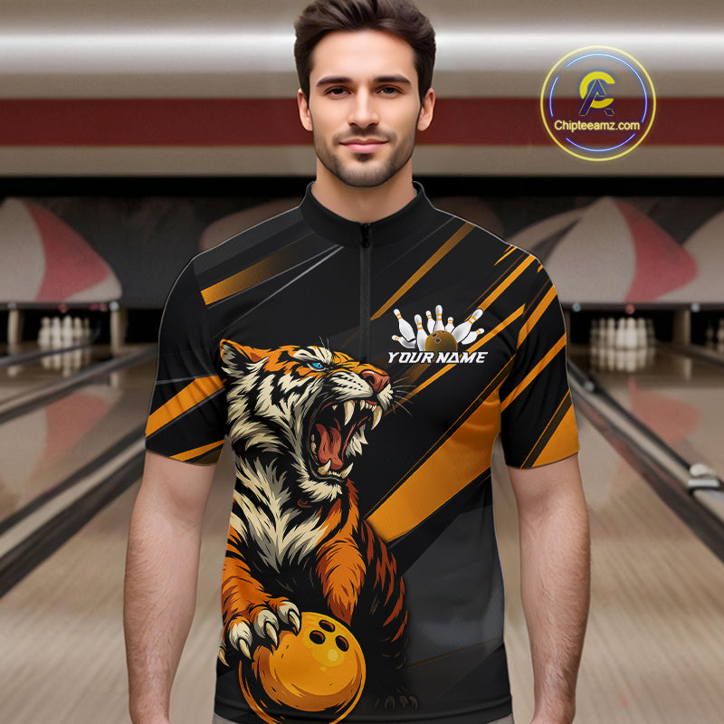 Personalized Tiger Bowling Team Men Quarter-Zip Shirts, Black And Yellow Tiger Bowling Jerseys IPHW9022