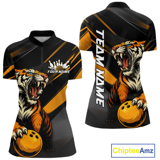 Personalized Tiger Bowling Team Women Quarter-Zip Shirts, Yellow Tiger Bowling Jerseys IPHW9022