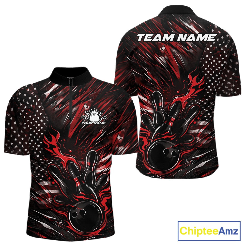 Front and back view of a black and red men’s bowling quarter-zip shirt showcasing a patriotic flaming bowling ball striking pins with American flag elements.