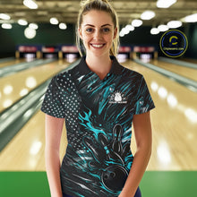 Load image into Gallery viewer, Custom Turquoise Blue Patriotic Flame Bowling Jerseys, US Flag Bowling Shirt For Women IPHW11171