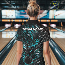 Load image into Gallery viewer, Custom Turquoise Blue Patriotic Flame Bowling Jerseys, US Flag Bowling Shirt For Women IPHW11171