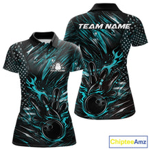 Load image into Gallery viewer, Custom Turquoise Blue Patriotic Flame Bowling Jerseys, US Flag Bowling Shirt For Women IPHW11171