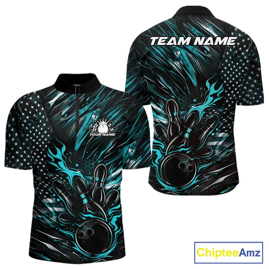 Front and back display of a black and turquoise blue men’s bowling quarter-zip shirt featuring a patriotic flaming bowling ball striking pins and flag-themed accents.