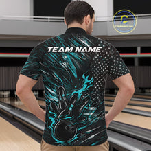 Load image into Gallery viewer, Custom Turquoise Blue Patriotic Flame Bowling Jerseys, US Flag Bowling Shirt For Men IPHW11171