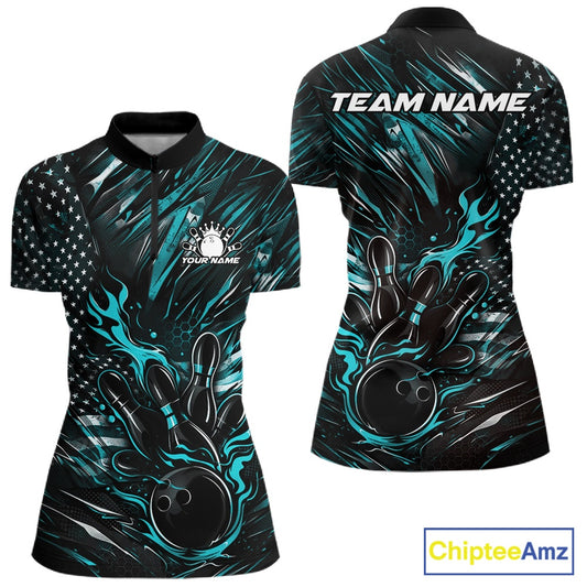 Women’s quarter zip bowling shirt mockup featuring black and turquoise blue colorway with patriotic flames bowling ball striking pins and flag-themed accents