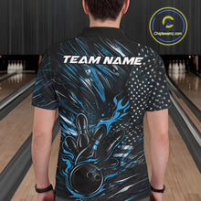 Load image into Gallery viewer, Custom Black And Blue Patriotic Flame Bowling Jerseys, US Flag Bowling Shirt For Men IPHW11172