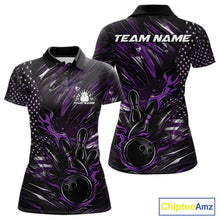 Load image into Gallery viewer, Front and back mockup of a black and purple women’s bowling polo shirt showcasing a patriotic flaming bowling ball striking pins with American flag accents.