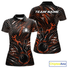 Load image into Gallery viewer, Custom Black And Orange Patriotic Flame Bowling Jerseys, US Flag Bowling Shirt For Women IPHW11174