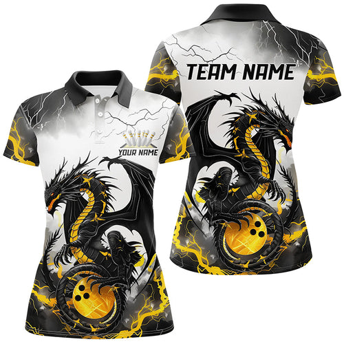 Black And Gold Thunder Lightning Custom Dragon Ladies Bowling Shirts, Bowling League Shirts IPHW7061