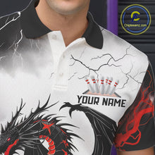 Load image into Gallery viewer, Close up front view of the chest area on a custom quarter zip bowling shirt featuring a red dragon and lightning strikes design.