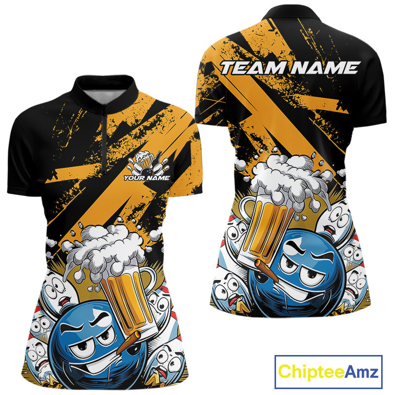 Custom Funny Cool Bowling Ball Bowling And Beer Women Quarter-Zip Shirt, Bowling Uniform IPHW9611