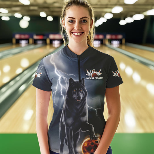 Custom Thunder Lightning Wolf Bowling Quarter-Zip Shirts For Women, Wolf Bowling Jerseys IPHW8307
