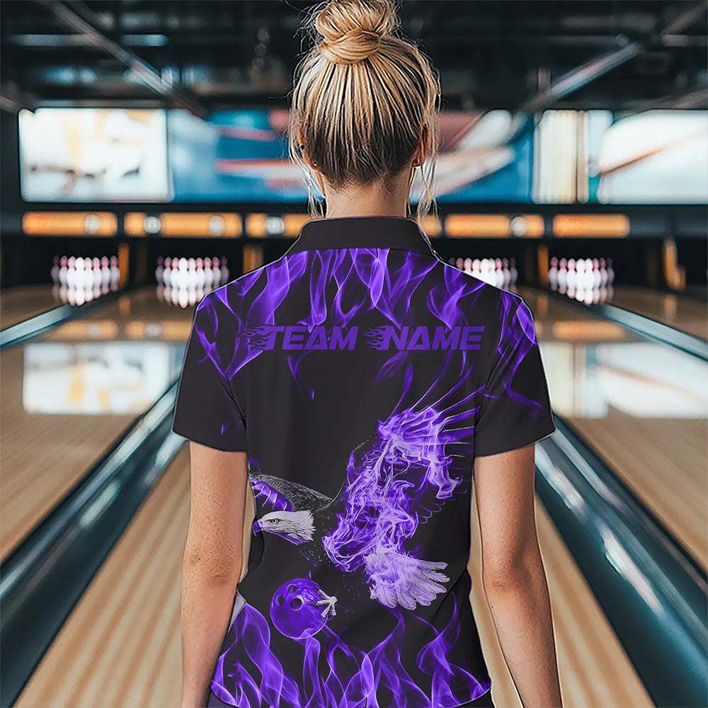 Custom Black And Purple Flame Eagle Bowling Women Quarter-Zip Shirts, Bowling League Shirt IPHW8790