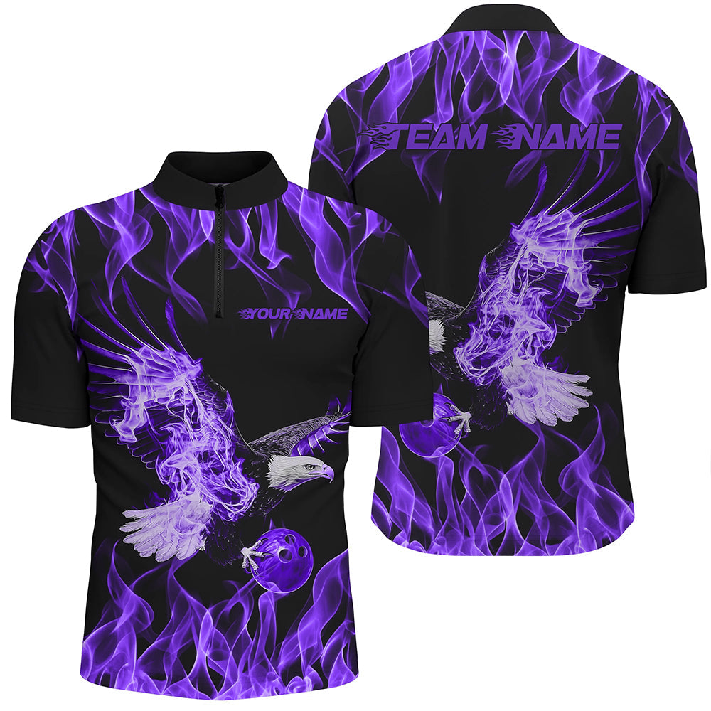 Custom Black And Purple Flame Eagle Bowling Team Men Quarter-Zip Shirts, Eagle Bowling League Shirt IPHW8790