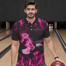 Load image into Gallery viewer, Custom Black And Pink Flame Eagle Bowling Team Men Polo Shirts, Eagle Bowling League Shirt IPHW8791