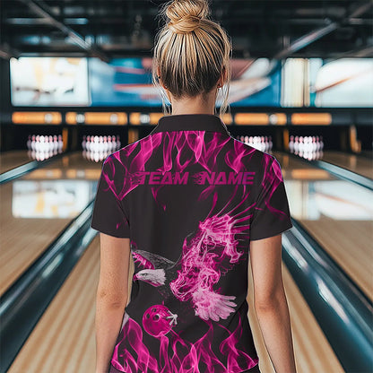 Custom Black And Pink Flame Eagle Bowling Team Women Polo Shirt, Eagle Bowling League Shirt IPHW8791