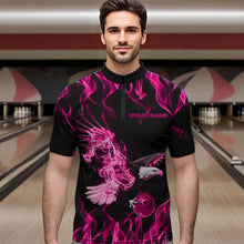 Load image into Gallery viewer, Custom Black And Pink Flame Eagle Bowling Team Men Quarter-Zip Shirts, Eagle Bowling League Shirt IPHW8791