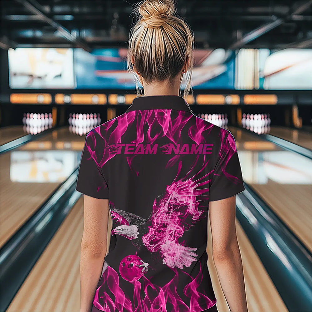 Custom Black And Pink Flame Eagle Bowling Women Quarter-Zip Shirts, Bowling League Shirt IPHW8791