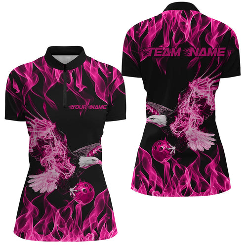 Custom Black And Pink Flame Eagle Bowling Women Quarter-Zip Shirts, Bowling League Shirt IPHW8791