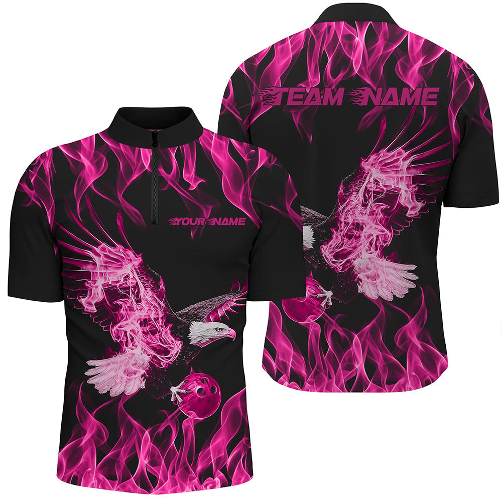 Custom Black And Pink Flame Eagle Bowling Team Men Quarter-Zip Shirts, Eagle Bowling League Shirt IPHW8791