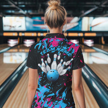 Load image into Gallery viewer, Black, Blue And Pink Custom Bowling Team Women Polo Shirts, Bowling Ball And Pin Jerseys IPHW8795