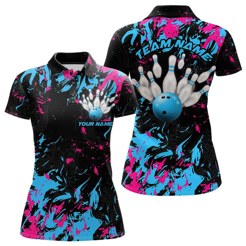 Black, Blue And Pink Custom Bowling Team Women Polo Shirts, Bowling Ball And Pin Jerseys IPHW8795