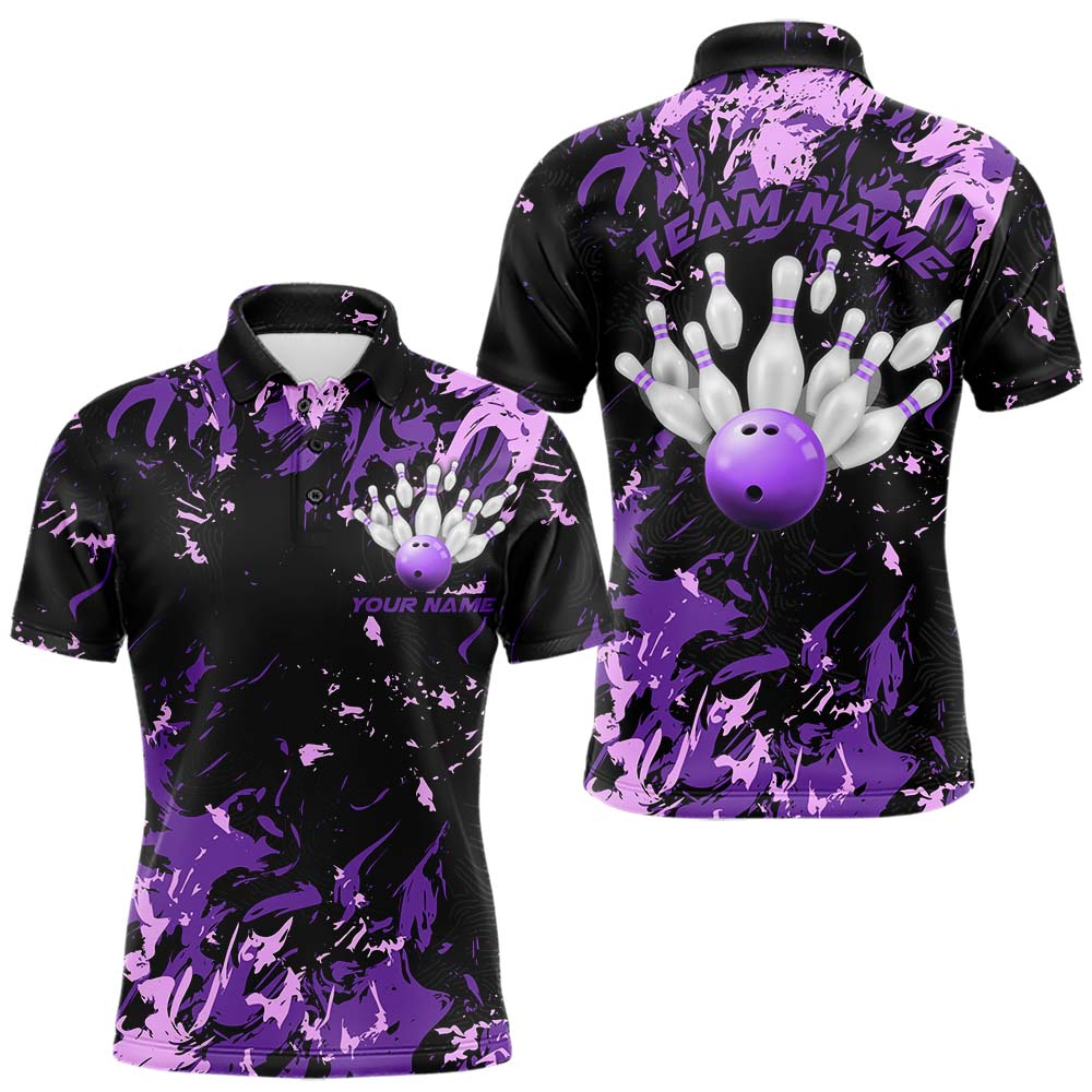 Black, Purple And Pink Custom Bowling Team Men Polo Shirts, Bowling Ball And Pin Jerseys IPHW8796