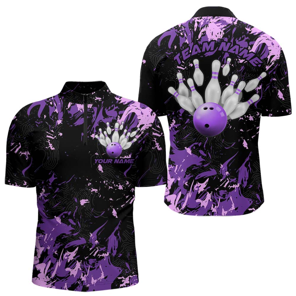 Black, Purple And Pink Custom Bowling Team Men Quarter-Zip Shirts, Bowling Ball And Pin Jerseys IPHW8796