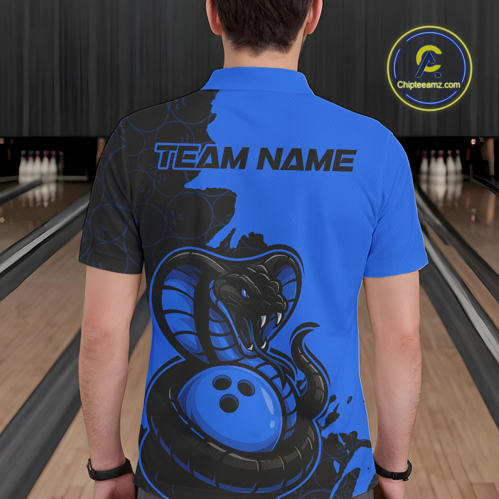 Custom Black And Blue Cobra Snake Bowling Men Polo Shirts Team Uniform Bowling Pattern IPHW9031