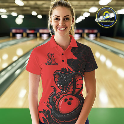Custom Black And Red Cobra Snake Bowling Women Polo Shirts Team Uniform Bowling Pattern IPHW9032