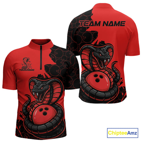 Custom Black And Red Cobra Snake Bowling Men Quarter-Zip Shirts Team Uniform Bowling Pattern IPHW9032