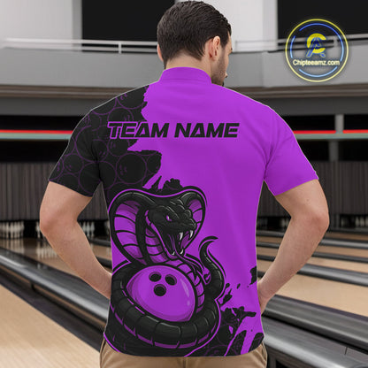 Custom Black And Purple Cobra Snake Bowling Men Quarter-Zip Shirts Team Uniform Bowling Pattern IPHW9033
