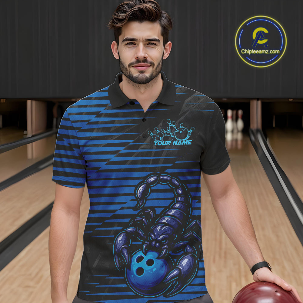 Custom Black And Blue Scorpion Bowling Team Polo Shirts For Men, Bowling League Shirt IPHW9034