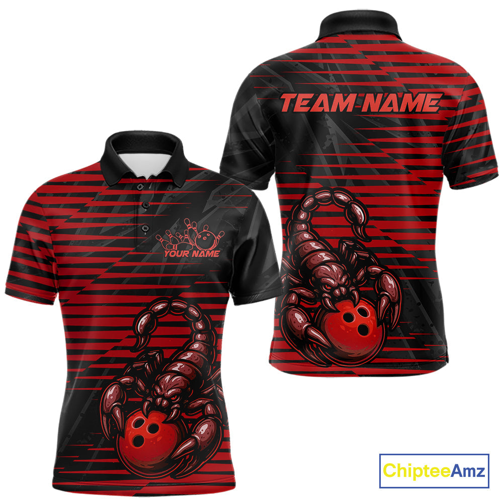 Custom Black And Red Scorpion Bowling Team Polo Shirts For Men, Bowling League Shirt IPHW9036