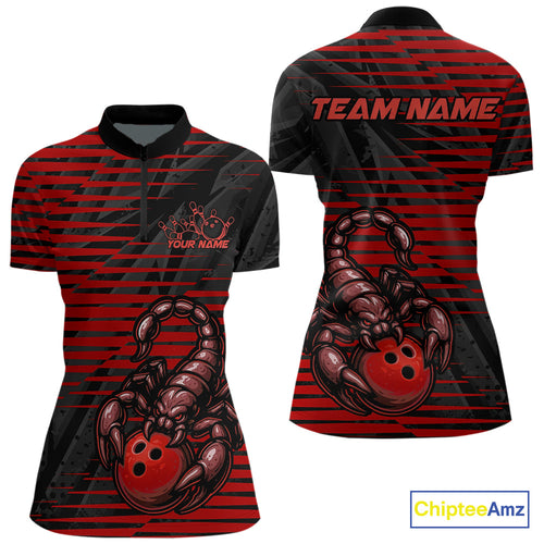 Custom Black And Red Scorpion Bowling Team Women Quarter-Zip Shirt, Bowling League Shirt IPHW9036