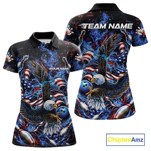 Women’s polo shirt mockup shown front and back with flaming bald eagle artwork, blue bowling ball, American flag details, and blue flames.