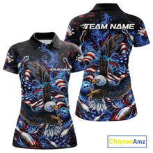 Load image into Gallery viewer, Women’s polo shirt mockup shown front and back with flaming bald eagle artwork, blue bowling ball, American flag details, and blue flames.