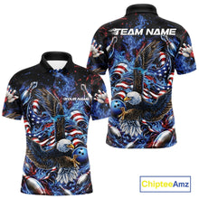 Load image into Gallery viewer, Front and back men’s bowling polo shirt mockup with flaming eagle graphics, blue bowling ball, American flag elements, and blue flame accents.