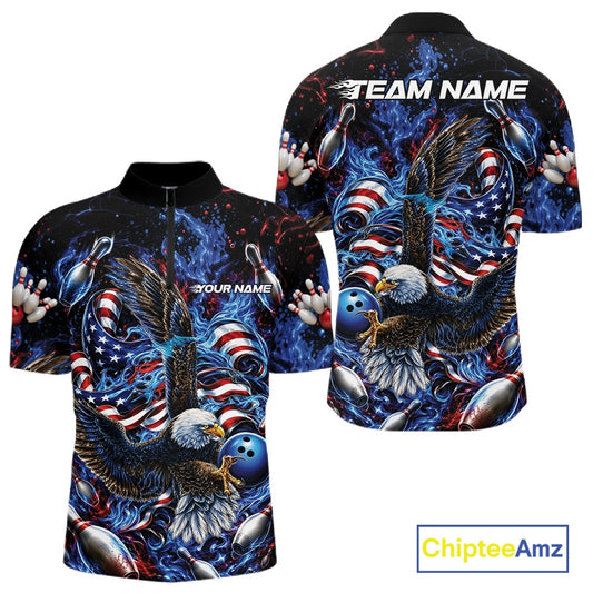 Front and back men’s bowling quarter zip shirt mockup with flaming bald eagle artwork, blue bowling ball, American flag details, and blue flames.