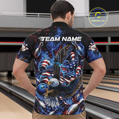 Male model front view at the bowling lane wearing a bowling quarter zip shirt with flaming eagle graphics, blue bowling ball, flag accents, and blue flames.