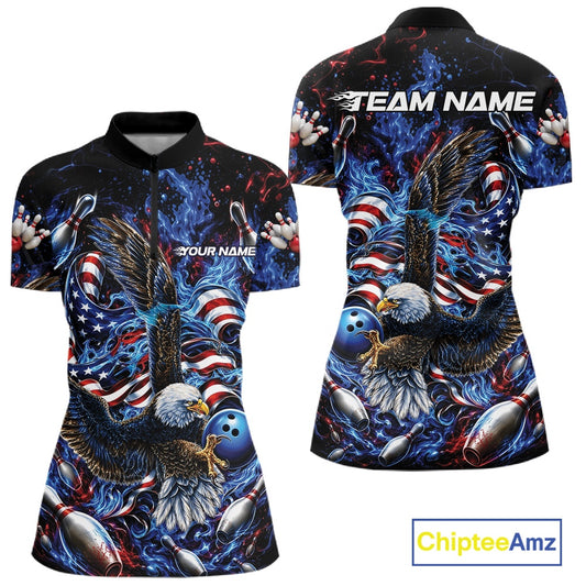 Front and back women’s bowling quarter zip mockup with flaming bald eagle graphics, blue bowling ball, American flag elements, and blue flames.