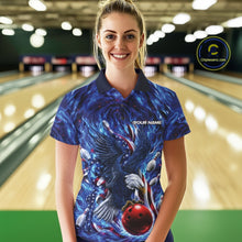 Load image into Gallery viewer, Female model front view at the bowling lane wearing a polo shirt with eagle motif around a bowling ball, flag details, and pins.