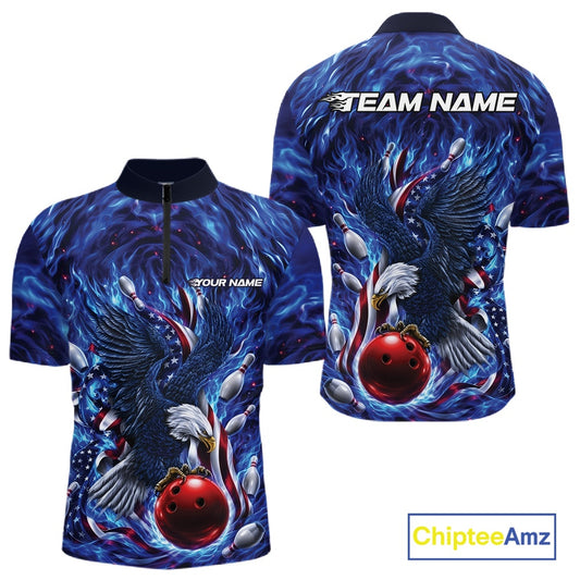 Men’s bowling quarter zip shirt mockup shown front and back with eagle artwork positioned around a bowling ball, flag elements, and pins.